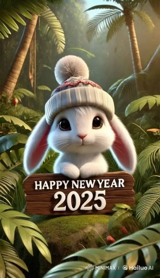 Cute Bunny Welcomes 2025 in a Lush Tropical Forest – AI Generated Video | Hailuo AI