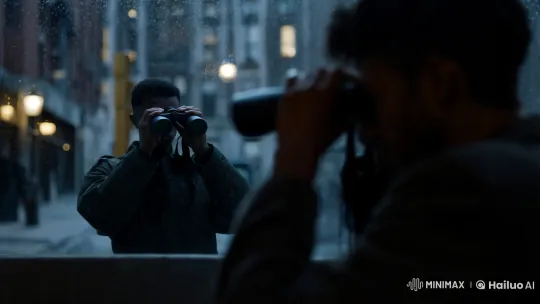 Urban Surveillance: A Cloaked Observer's Watchful Gaze – AI Generated Video | Hailuo AI