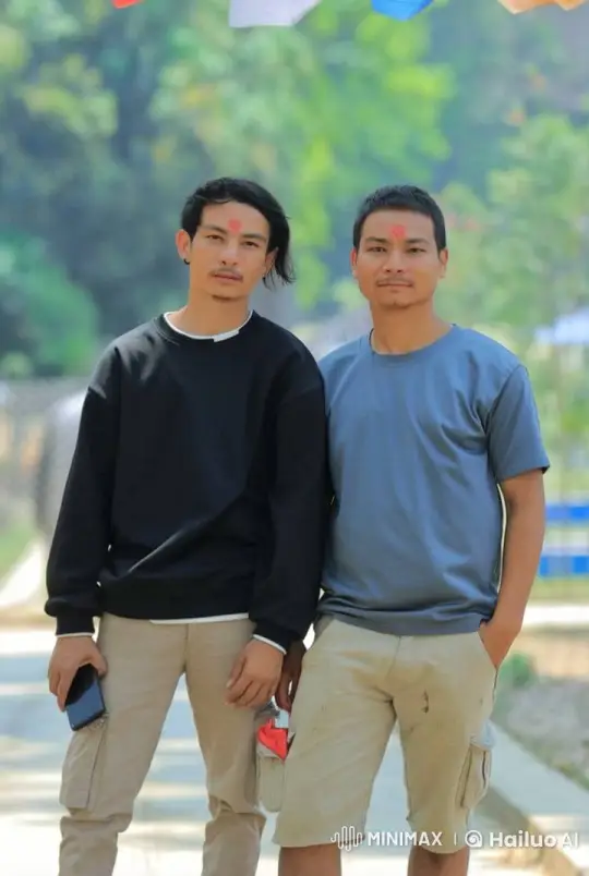 Two Friends Interact on a Lush Pathway – AI Generated Video | Hailuo AI