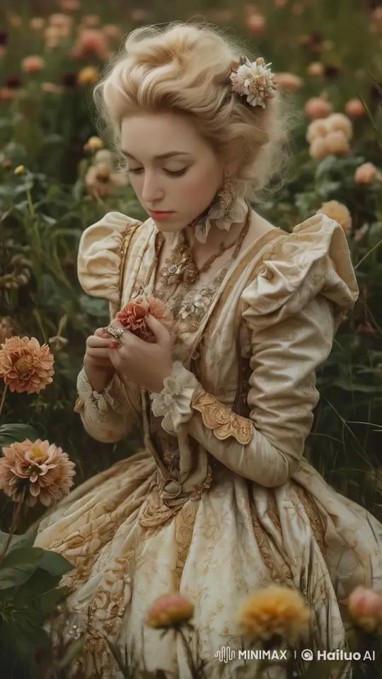 Vintage-Gowned Woman in a Flower Field, Reflective and Serene – AI Generated Video | Hailuo AI