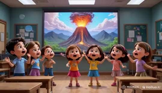 Children Enthralled by Volcano Video in Colorful Classroom – AI Generated Video | Hailuo AI