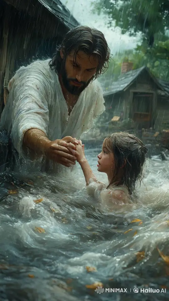 Rescue Amidst Flood: Man Protects Girl in Storm – AI Generated Video | Hailuo AI