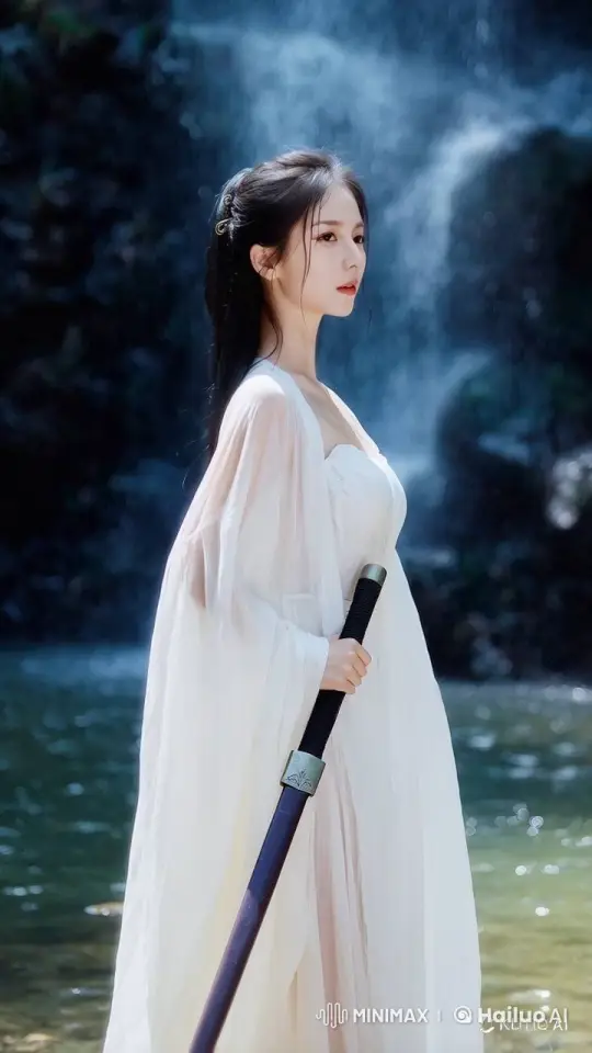 Woman in White at Tranquil Waterfall with Sword – AI Generated Video | Hailuo AI