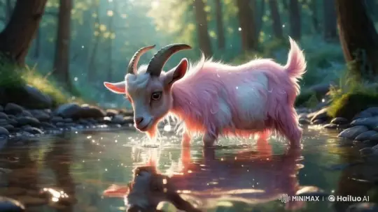 Adorable Goat Drinks from Serene Forest Stream – AI Generated Video | Hailuo AI