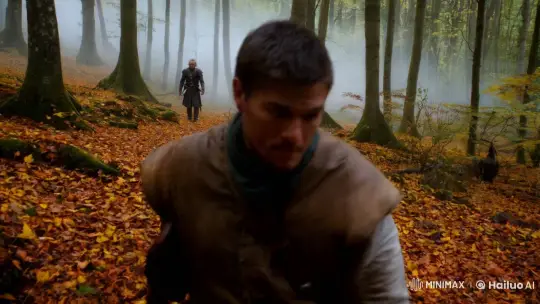 Hunter Pursues Enigmatic Witcher in Autumnal Forest – AI Generated Video | Hailuo AI