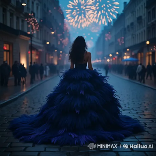 Woman in Blue Gown Enjoys Live2D New Year Fireworks Celebration – AI Generated Video | Hailuo AI