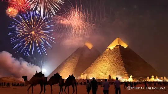 Egyptian Pyramids Illuminated by Fireworks Display – AI Generated Video | Hailuo AI