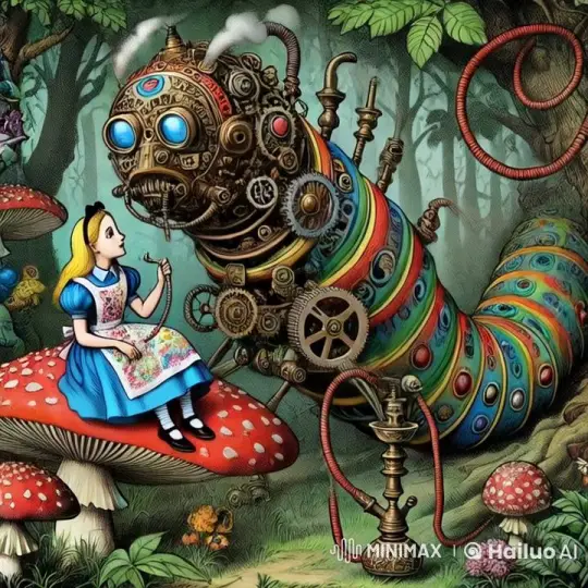 Alice and the Mechanical Caterpillar in Whimsical Forest – AI Generated Video | Hailuo AI