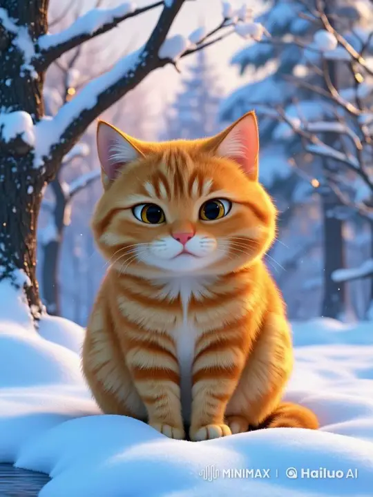 Chubby Orange Cat in a Snowy Winter Garden – AI Generated Video | Hailuo AI