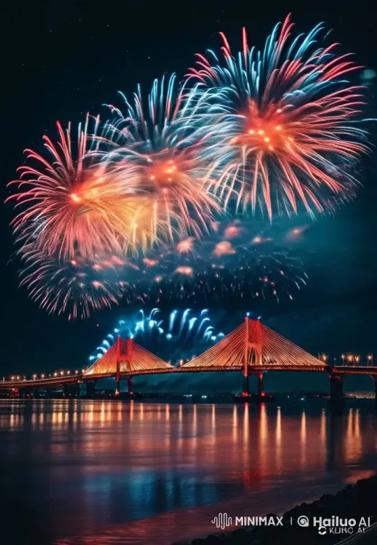 Majestic Fireworks Display Over Bridge with Sparkling Reflections – AI Generated Video | Hailuo AI
