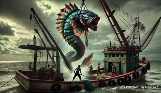Dramatic Fishing Scene: Giant Fish Caught at Sea – AI Generated Video | Hailuo AI