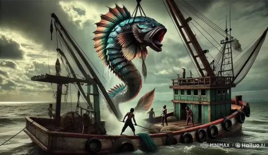 Giant Fish Caught by Fishermen on Turbulent Sea – AI Generated Video | Hailuo AI
