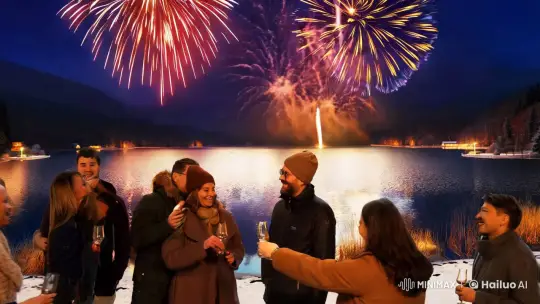 New Year 2025 Celebration: Serene Lakeside Fireworks Display – AI Generated Video | Hailuo AI