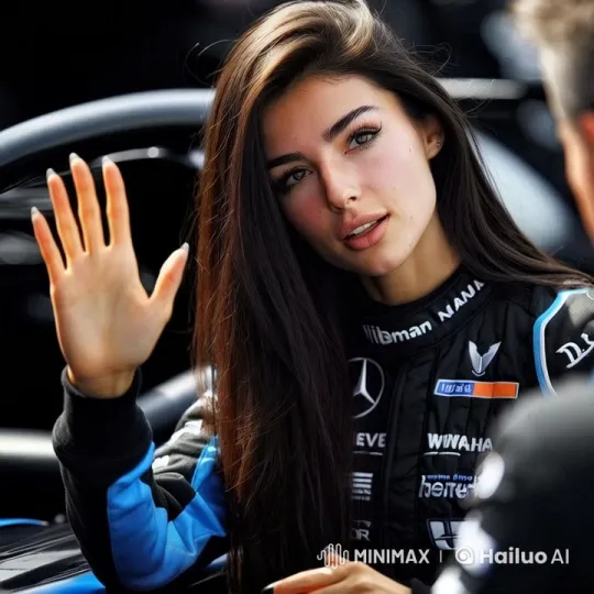 Woman in Racing Suit Engages in Animated Conversation – AI Generated Video | Hailuo AI