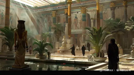 Mystical Egyptian Temple with Robed Figures and Water Feature – AI Generated Video | Hailuo AI