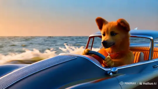 Anthropomorphic Dog Drives Vintage Car by the Sea – AI Generated Video | Hailuo AI