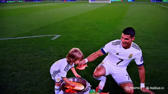 Cristiano Ronaldo Shares Humorous Fatherly Moment on Soccer Field – AI Generated Video | Hailuo AI