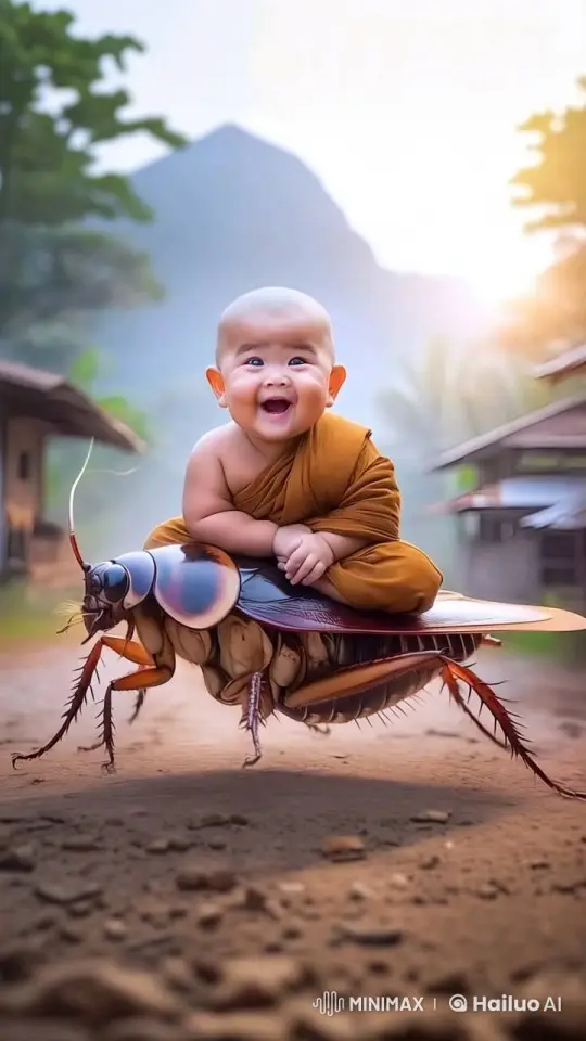 Child Rides Giant Insect in Enchanted Village Morning – AI Generated Video | Hailuo AI