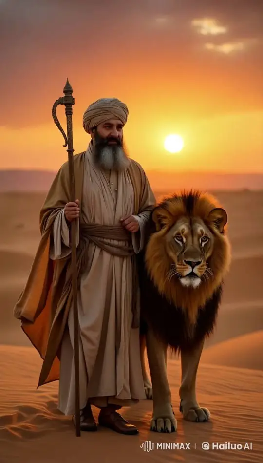 Man and Lion Walk in Harmony in Desert Sunset – AI Generated Video | Hailuo AI