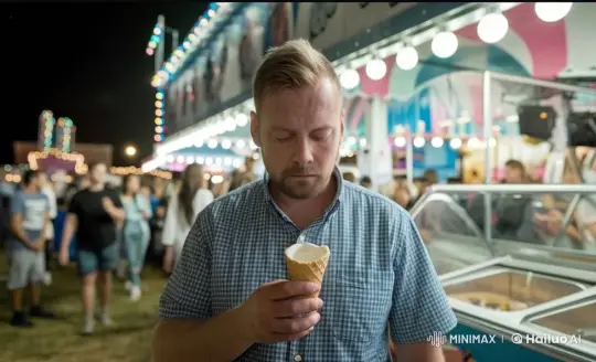 Man Weeps Over Spilled Ice Cream at Carnival – AI Generated Video | Hailuo AI