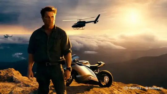 Man on Mountain Peak with Motorcycle and Helicopter – AI Generated Video | Hailuo AI