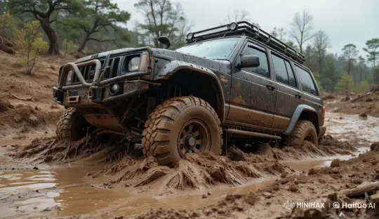 Off-Road Vehicle Overcoming Muddy Terrain – AI Generated Video | Hailuo AI