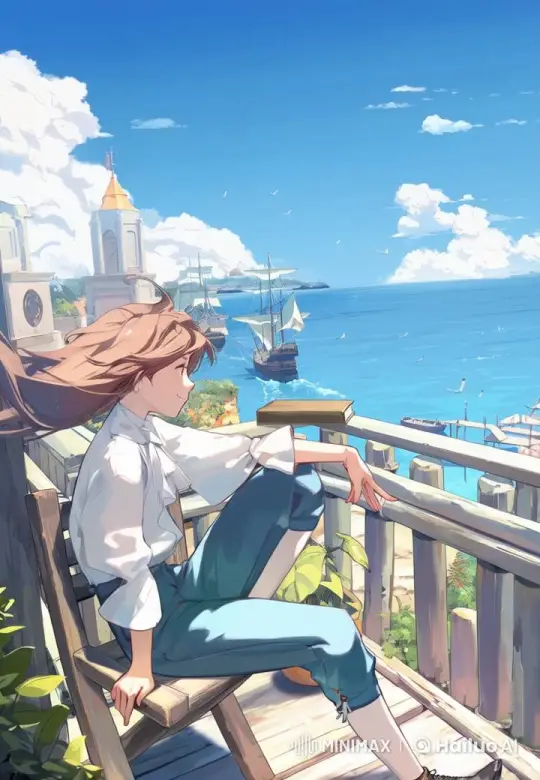 Coastal Town Scenery: Girl on Balcony with Seaside View – AI Generated Video | Hailuo AI