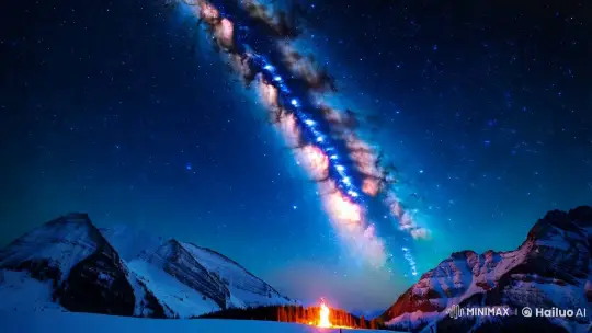 Milky Way Over Snowy Mountains with Campfire – AI Generated Video | Hailuo AI