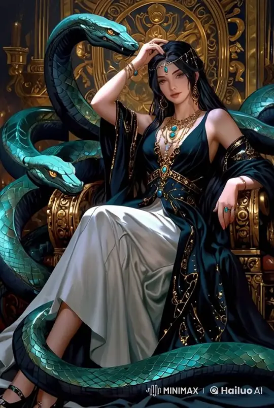 Regal Woman on Golden Throne Amidst Serpents and Candlelight – AI Generated Video | Hailuo AI