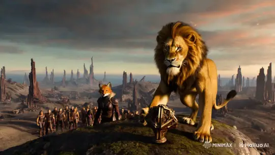 Lion Guardian Faces Doom in Ruined World with Hopeful Light – AI Generated Video | Hailuo AI