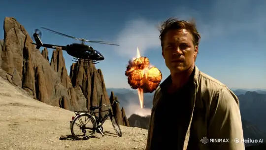 Determined Man Stands with Helicopter Amidst Mountain Explosion – AI Generated Video | Hailuo AI