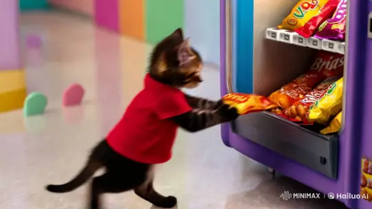 Whimsical Kitten Restocks Snack Machine in Colorful Room – AI Generated Video | Hailuo AI