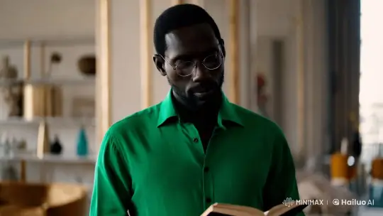 Elegant Black Man in Green Shirt Reads Intently – AI Generated Video | Hailuo AI