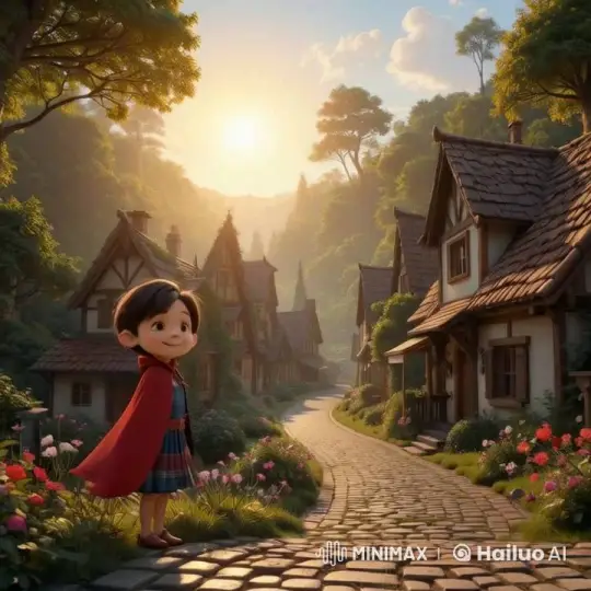 Red Riding Hood in Enchanted Village at Twilight – AI Generated Video | Hailuo AI