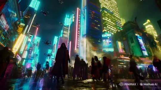 Cyberpunk Cityscape: Enigmatic Figure Navigates Neon Streets – AI Generated Video | Hailuo AI