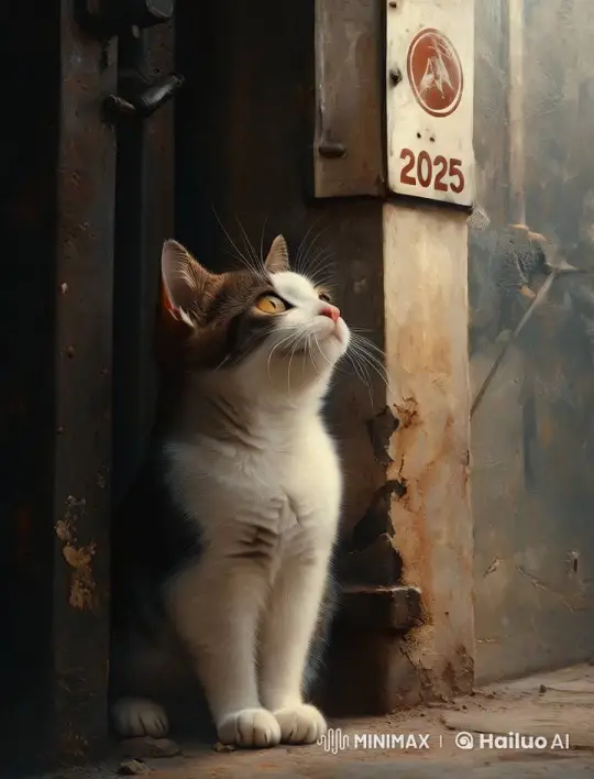 Rustic Future: Curious Cat at Industrial Doorway – AI Generated Video | Hailuo AI