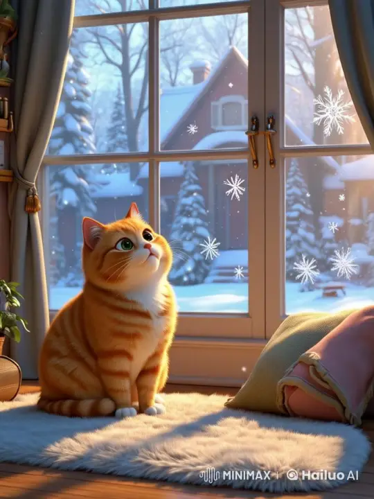 Curious Cat Observes First Snowfall Through Frosty Window – AI Generated Video | Hailuo AI