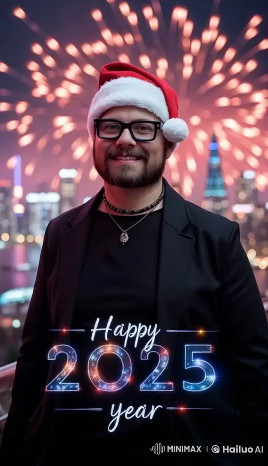 Cheerful Santa Welcomes New Year 2025 with Fireworks – AI Generated Video | Hailuo AI