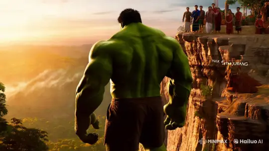 Hulk Stands at Cliff's Edge in Dramatic Sunset Scene – AI Generated Video | Hailuo AI