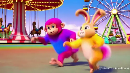 Cartoon Monkey and Rabbit Leap at Vibrant Fair – AI Generated Video | Hailuo AI