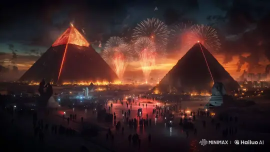Festive Night Event with Illuminated Pyramids and Fireworks – AI Generated Video | Hailuo AI