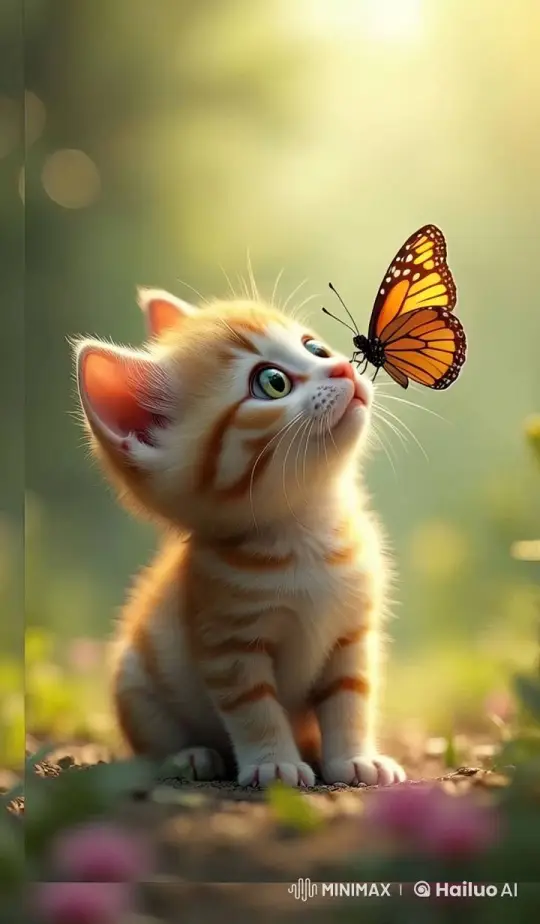 Nervous Kitten Fascinated by Butterfly on Nose – AI Generated Video | Hailuo AI