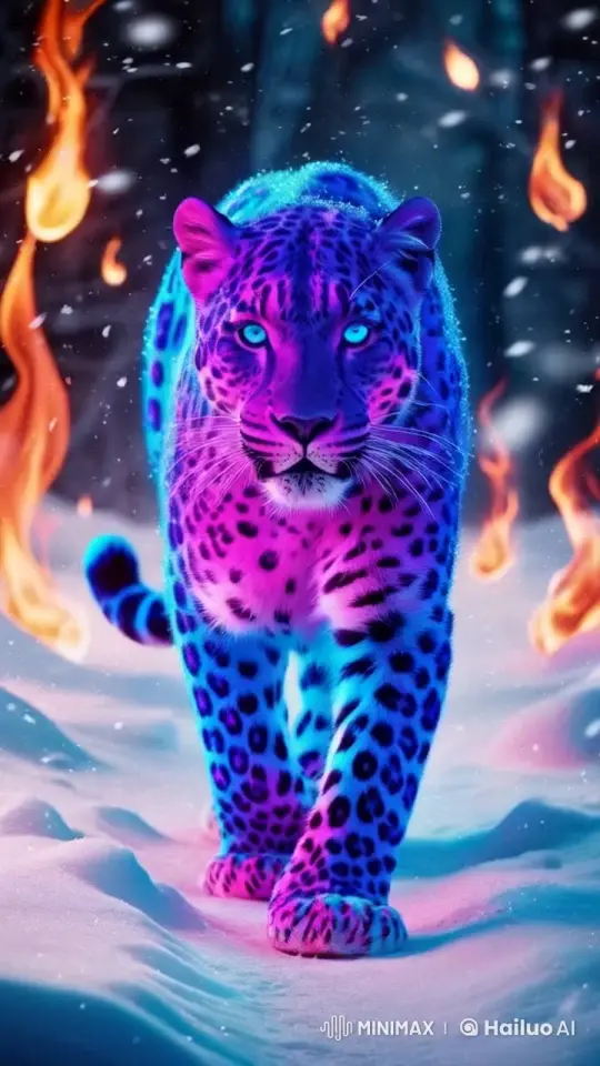 Neon Leopard Glides Through Enchanted Snowscape – AI Generated Video | Hailuo AI