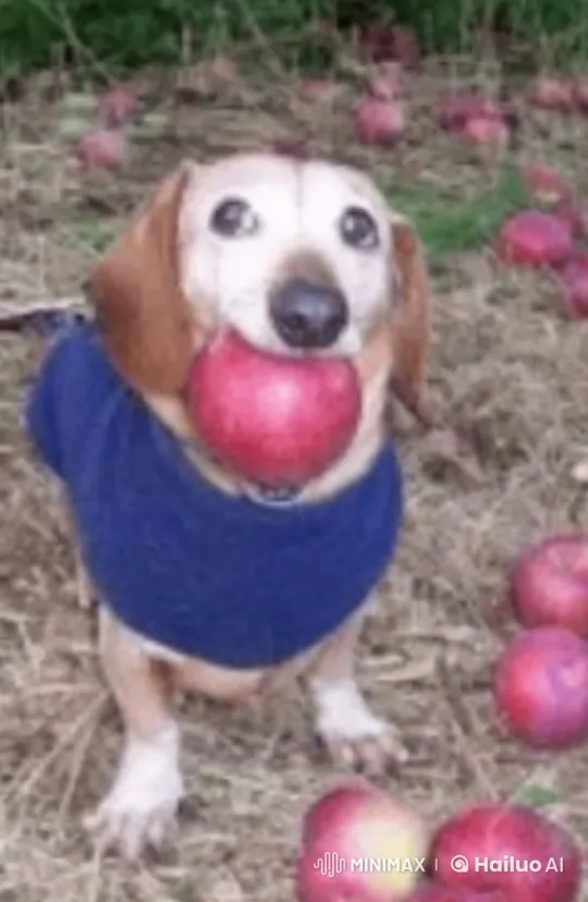 Dog with Apple Stands on Grass Amidst Apples – AI Generated Video | Hailuo AI