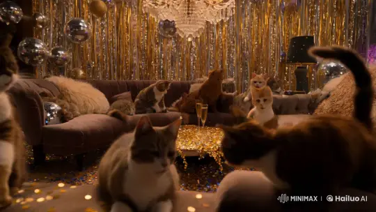 Adorable Cats Celebrate New Year's Eve in Luxurious Setting – AI Generated Video | Hailuo AI