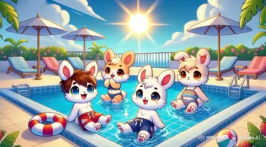 Joyful Bunny Friends Enjoy Sunny Pool Day – AI Generated Video | Hailuo AI