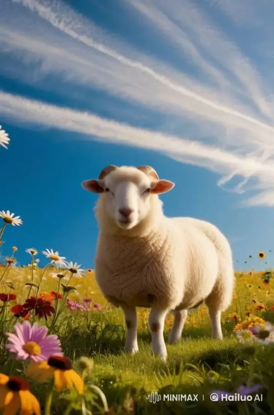 Sheep in Serene Meadow with Flowing Flowers – AI Generated Video | Hailuo AI