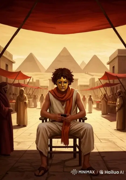 Ancient Marketplace with Contemplative Man in Golden Mask – AI Generated Video | Hailuo AI