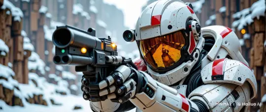 Armored Figure Celebrates with Confetti Gun in Snowy Canyon – AI Generated Video | Hailuo AI