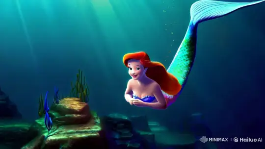 Ariel, the ethereal mermaid, glides through the mystical underwater realm, her iridescent tail shimmering with the soft light of the ocean's depths. Schools of colorful fish dance around her, while the camera's wide-angle lens and slow shutter speed capture the scene. – AI Generated Video | Hailuo AI